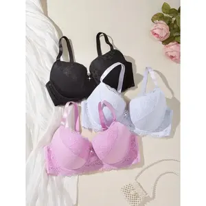 Elegant Contrast Lace Bra Set, Plus Size 3 Piece Multicolor Lingerie, Full Coverage Push Up Underwire Bra for Daily Wear, Fabric
