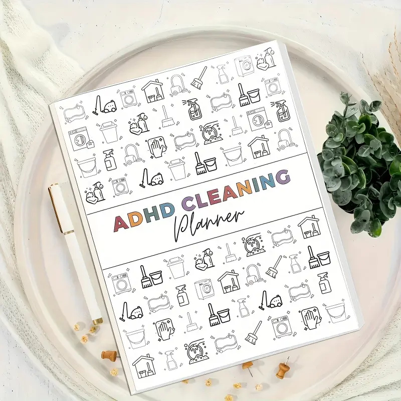 A cleaning management kit designed specifically for ADHD patients, including a home cleaning schedule, weekly, monthly, and annual task lists, cleaning suggestions, and a home cleaning assignment chart.