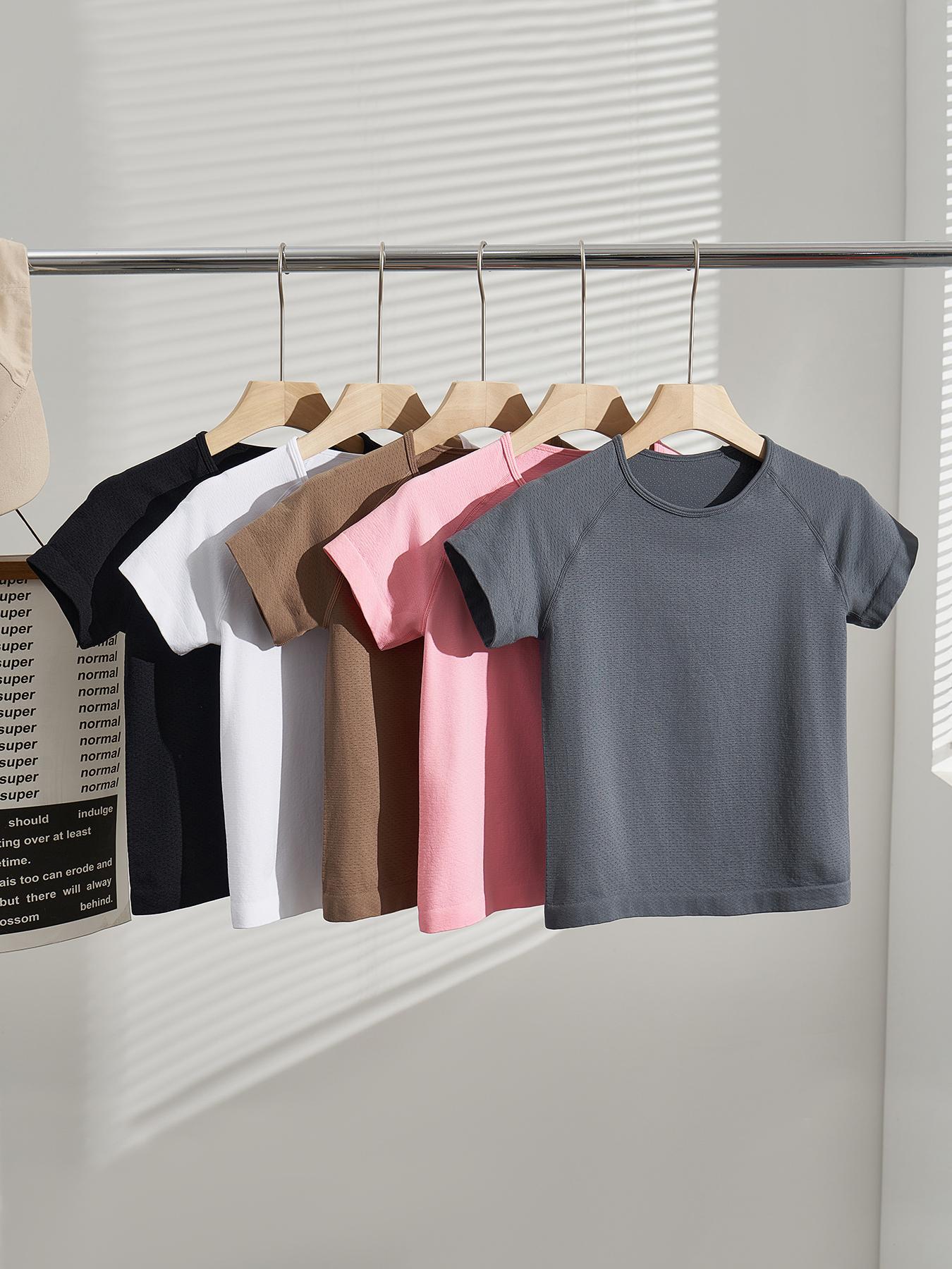 Women's Solid Raglan Sleeve Sports Tee, Workout Tops, Fall Outfits, Casual Comfy Breathable Round Neck T-shirt for Yoga Gym Workout Running, Ladies Sportswear Gym Tops, Activewear, Jersey Top, Workout Clothes Women, Sports Clothing, Fitness Activewear