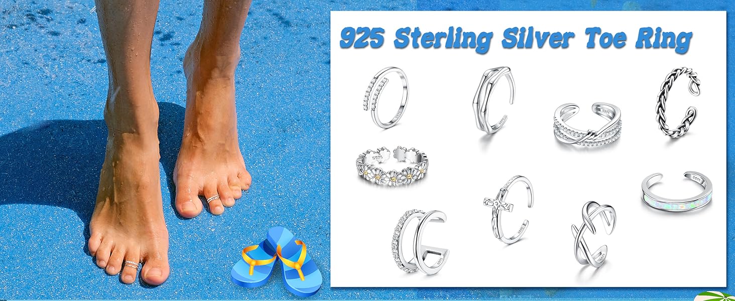Adjustable Toe Ring Beach Band Nail Rings for Women 925 Sterling Silver Toe Rings Daisy Flower CZ Cross Opal Twist Knot Rings Cuff,Open Womens Foot Jewelry