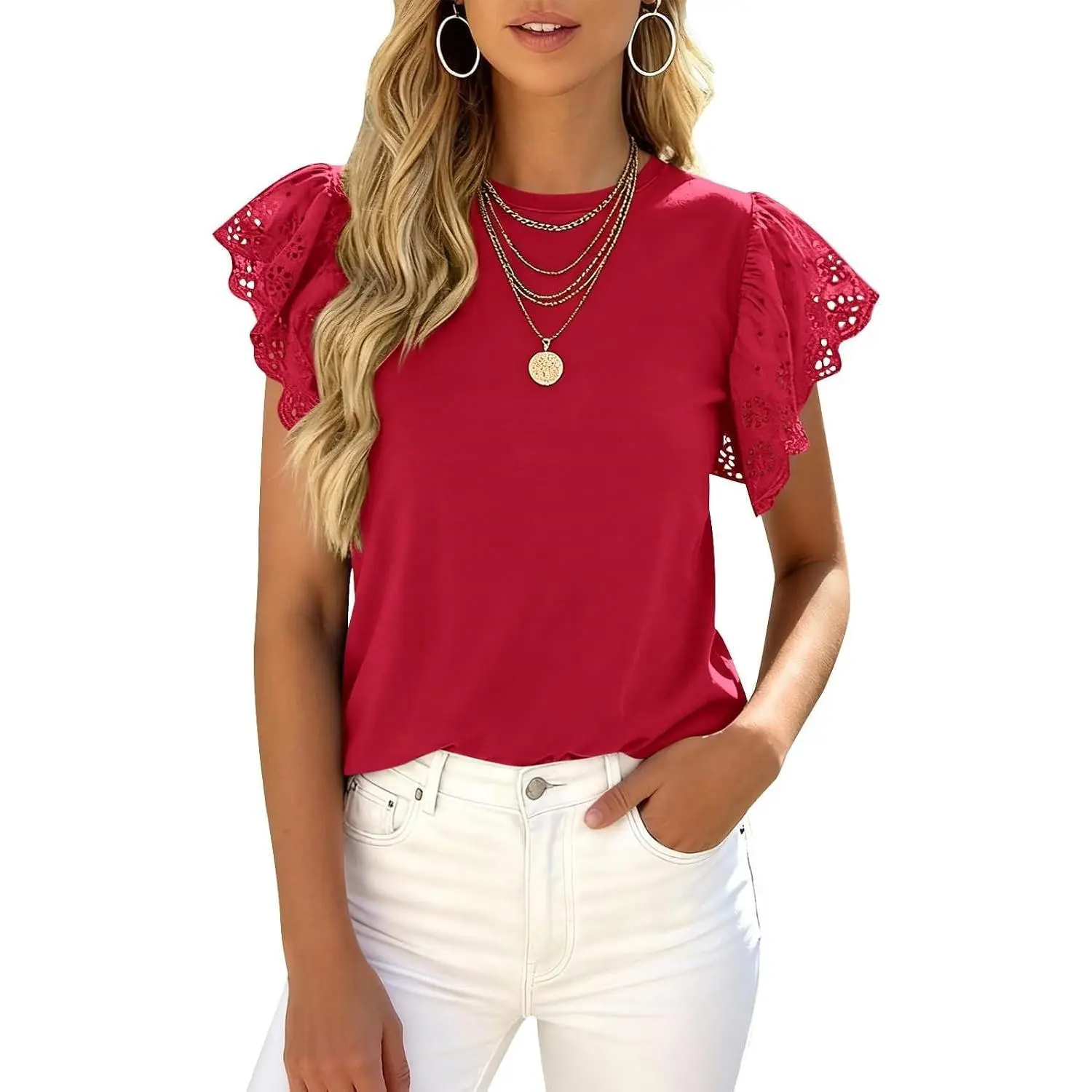 Women's Crewneck Hollow-Out Short-Sleeve Basic Tees, 2026 Fashion Cute Clothes Outfits, Dressy Casual Summer Beach Work Blouse