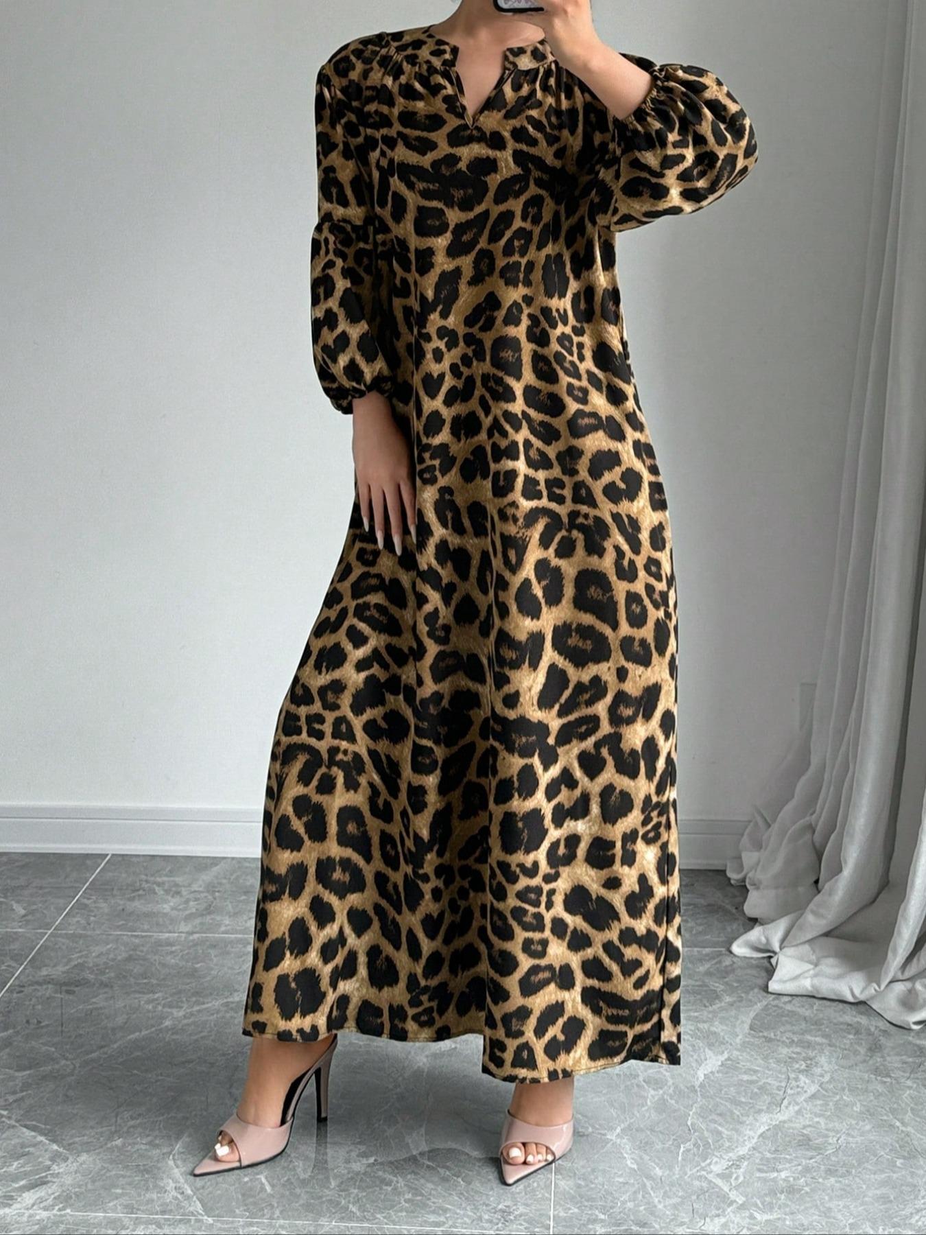【Plus Size】 Leopard Print Notched Neck Dress, Casual Bishop Sleeve Dress for Spring & Fall, Women's Clothes for Daily Wear