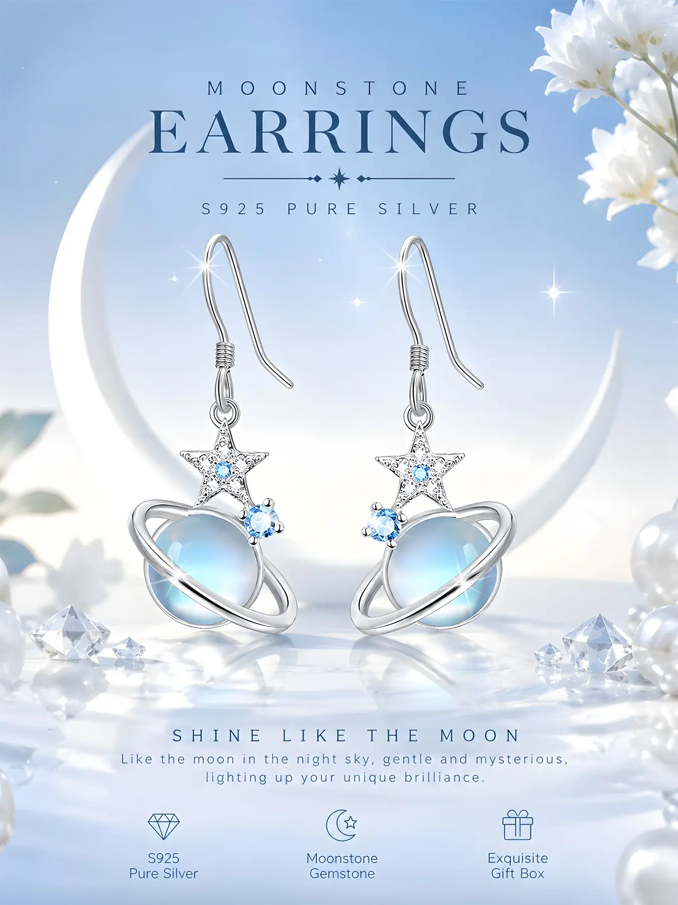 Elegant S925 Silver Moonstone Dangle Earrings, Hypoallergenic Nickel-Free, Fashionable Daily Wear, Perfect Gift for Friends and Valentine's Day