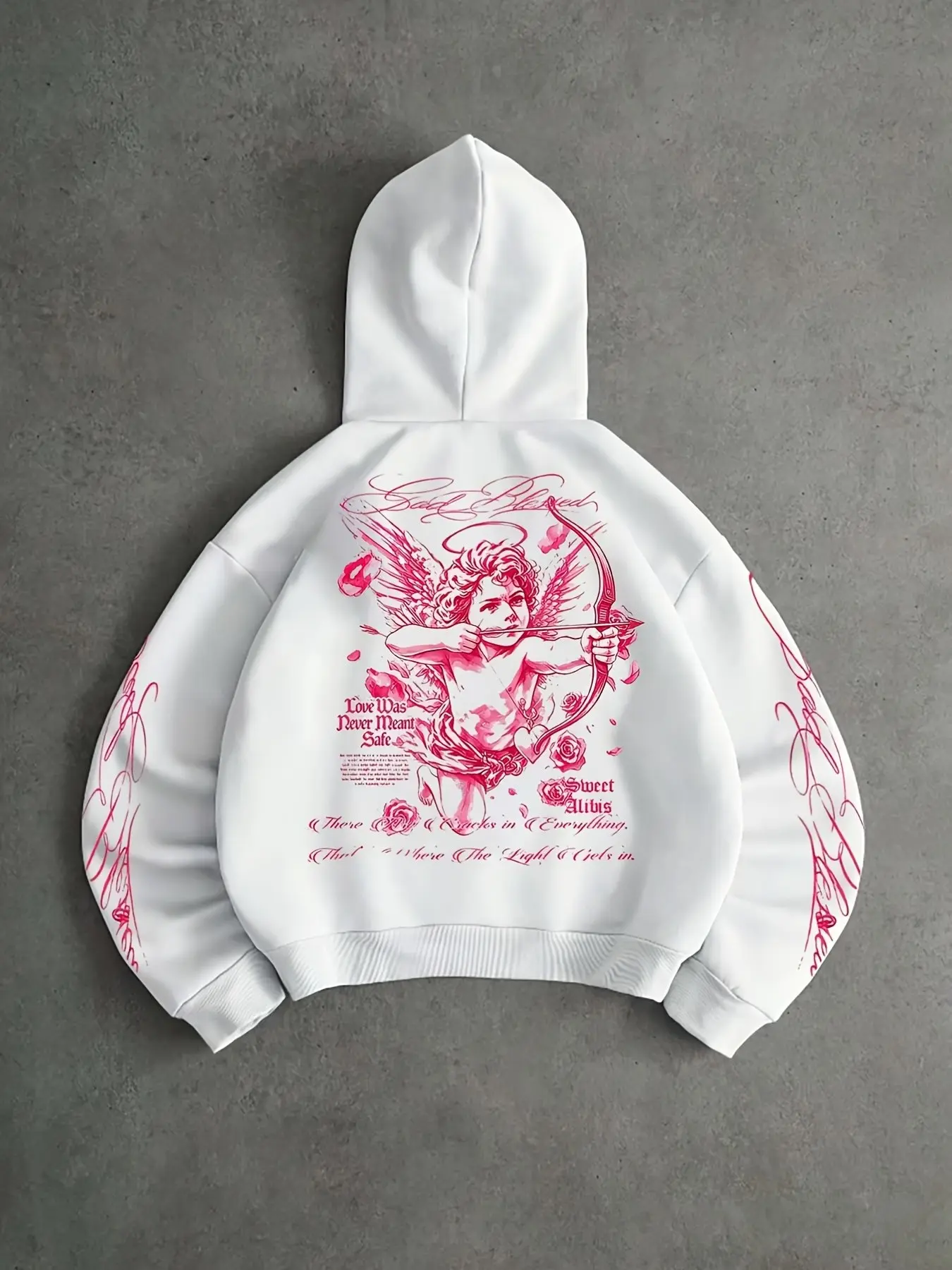 Oversized Pink Cupid Graphic Hoodie, Y2K Streetwear Angel Letter Print Sleeve Pullover Sweatshirt for Men, Casual Top