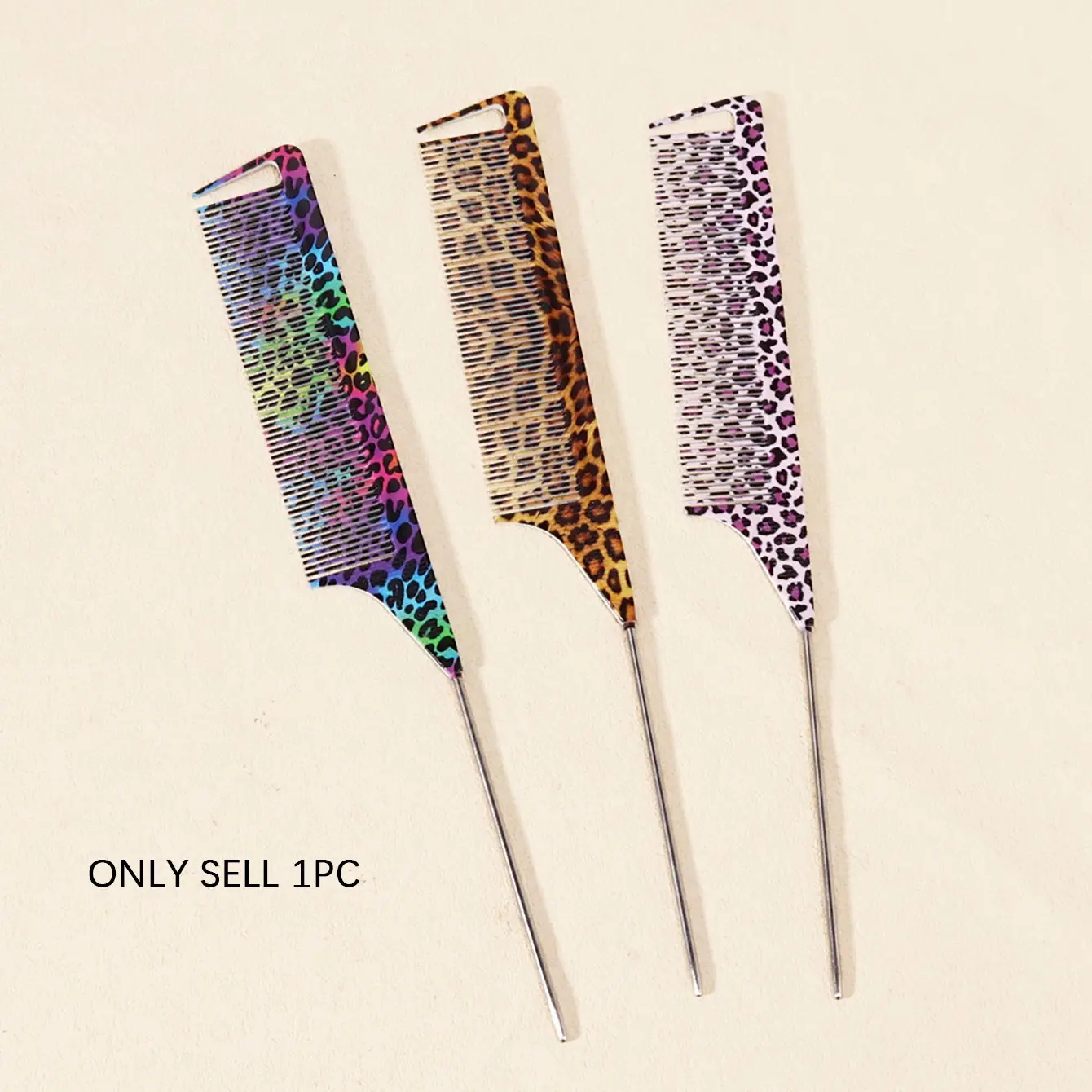 1pc Professional Pointed Tail Hair Comb, Hairdressing Comb, Leopard Pattern Steel Needle, Anti-Static Dyeing Hair Separating Comb, Barber Accessories