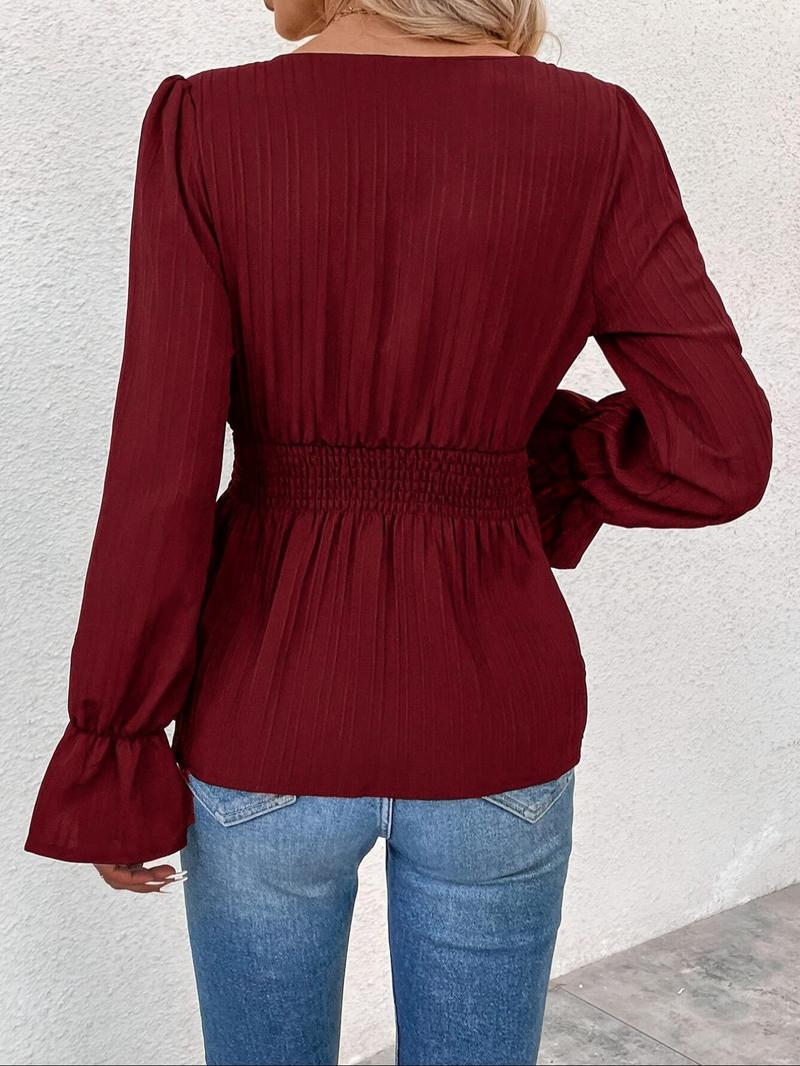 Women's Textured Flounce Sleeve Blouse, Casual Classy Solid Square Neck Top for Spring & Fall, Women's Clothing for Daily Wear