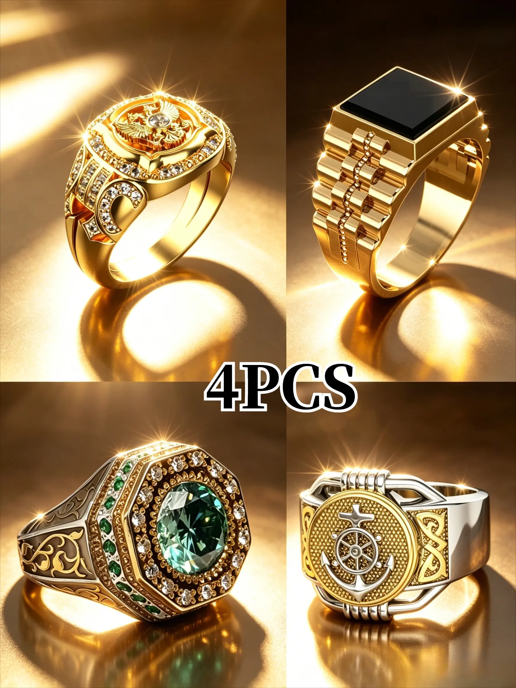 4Pcs Men Signet Ring Set, Stainless Steel Gold Silver Two Tone Wide Band, Eagle, Watch Stripe, Green Gem, Anchor Nautical Statement Rings, Finger Rings, Tarnish Resistant Hypoallergenic Luxury Jewelry Gift For Him