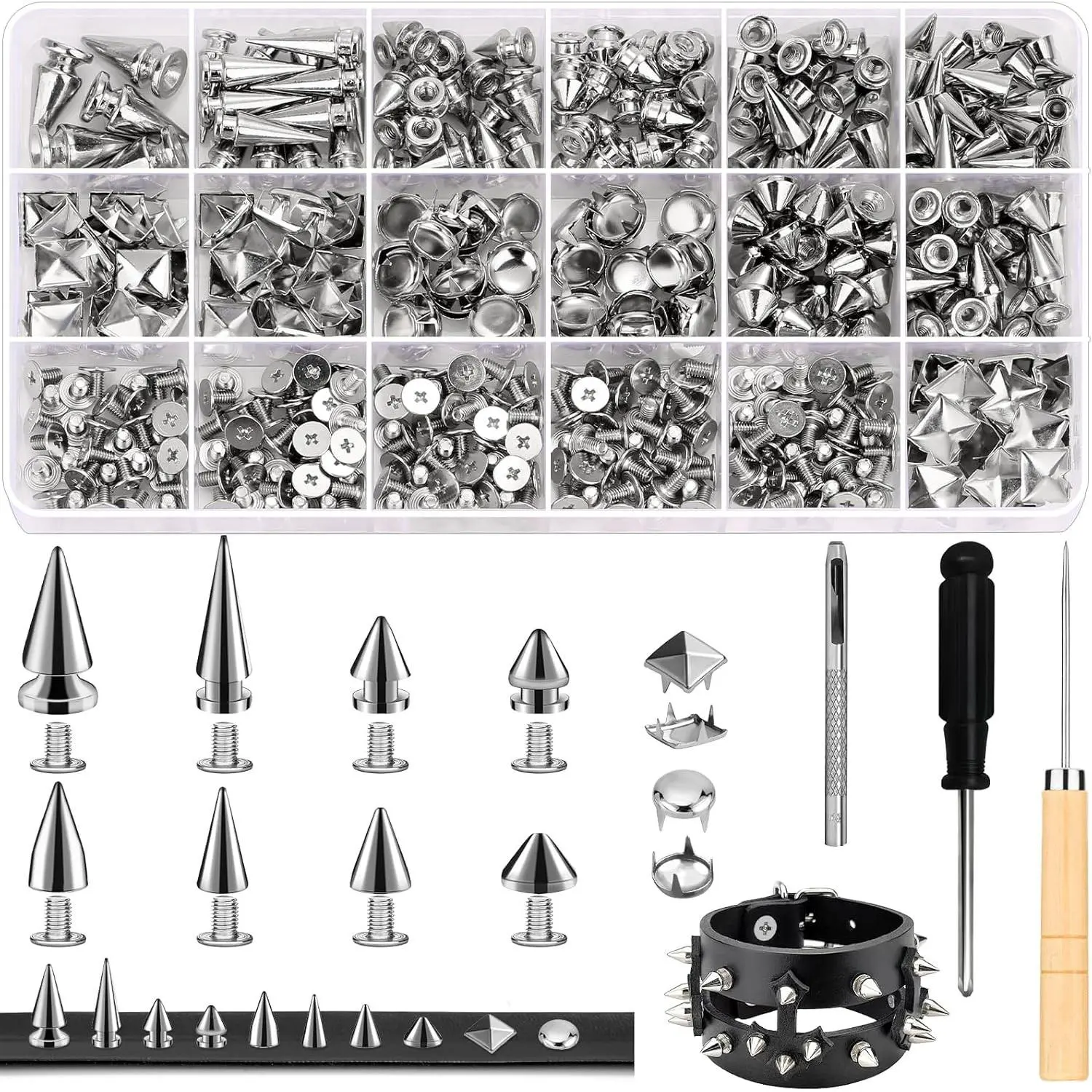 455 PCS Punk Studs for Clothing, 10 Sizes Metal Spikes and Studs Leather Rivets for DIY Craft, Square Pyramid Studs Round Dome Rivets DIY Punk Style Decoration for Clothes Shoes Belts Dog Collar
