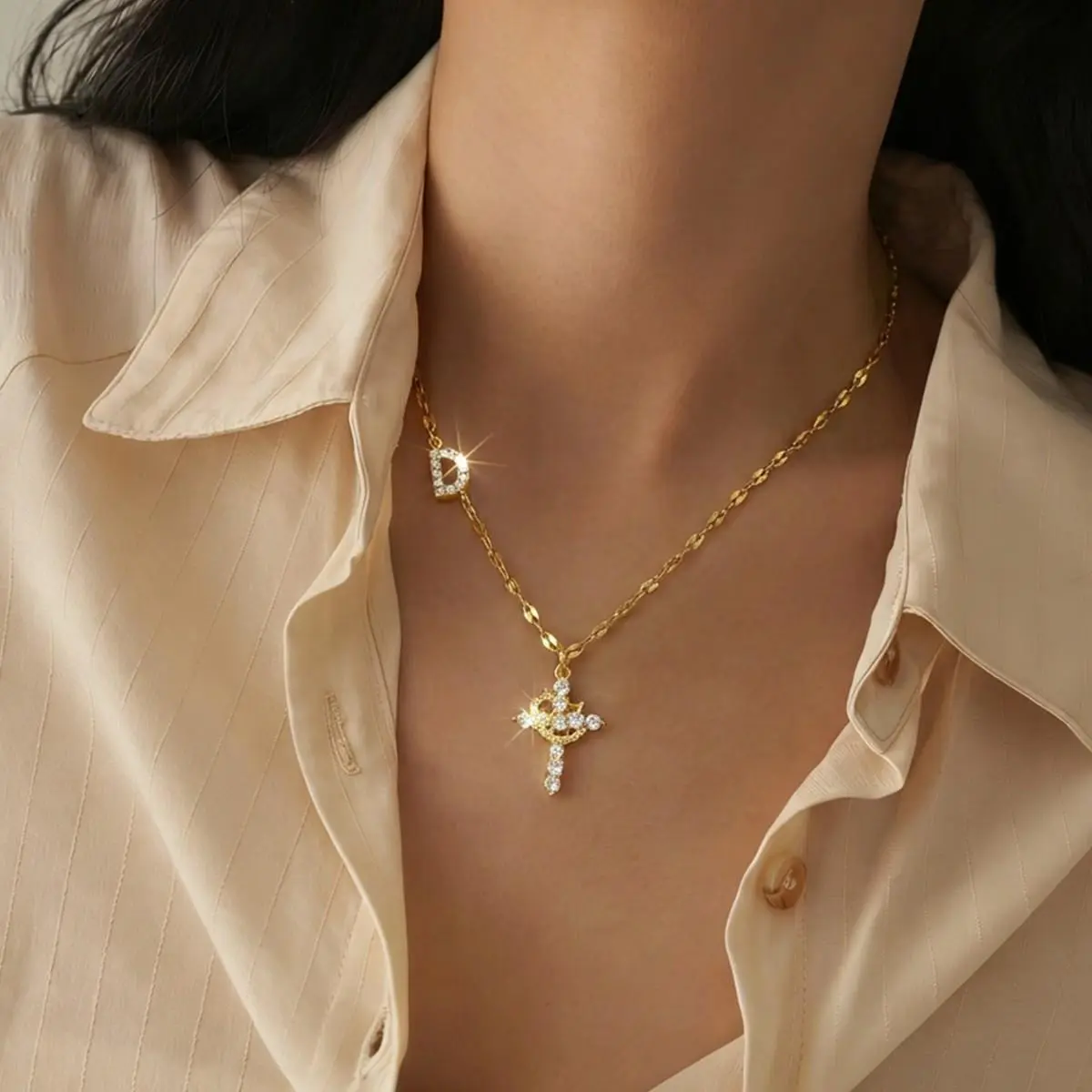14K Gold Plated Trendy Crown Cross Pendant Necklace Dainty Cubic Zirconia Letter A-Z Personalized Initial Pendant Christian Religious Jewelry Birthday Baptism Holiday Gift