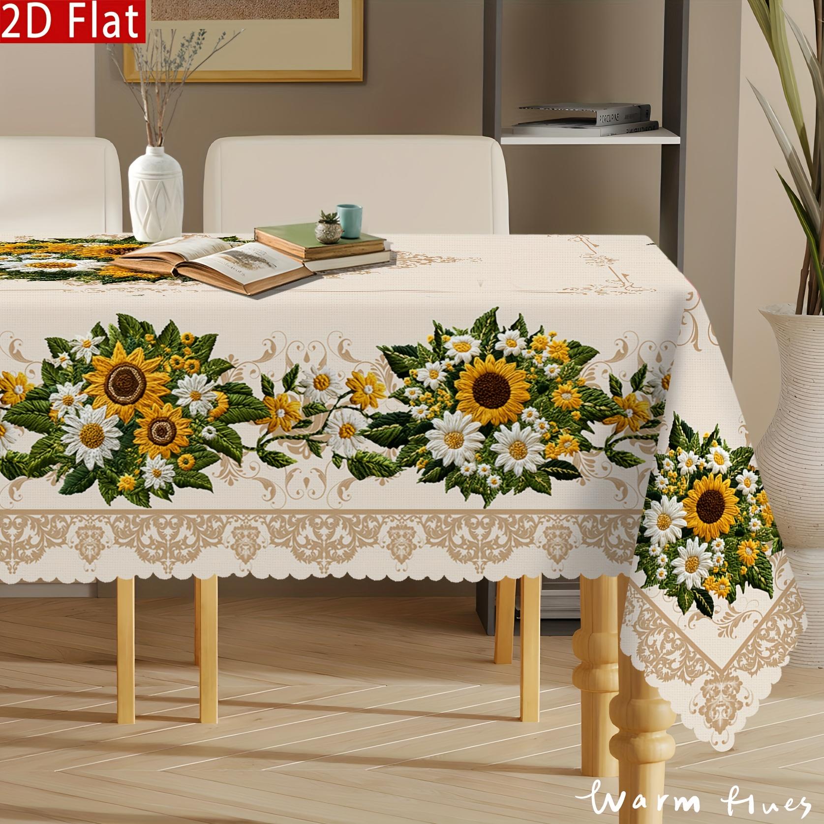 1pc Vintage Sunflower & Daisy Tablecloth - Non-Embroidered European Floral Design, Durable Polyester Rectangular Table Cover for Round/Oval Tables, Kitchen Dining Room Patio Picnic Decor, Easy-Clean Vintage Home Decor, Machinemade Textile, Sunflower Kitch
