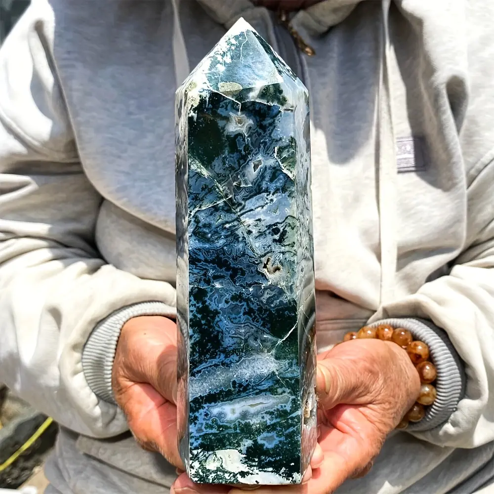 1PC AAA+-Grade Moss Agate Crystal Tower with Druzy - Non-Natural Green Obelisk Loose Gemstone, Home Collection Decor, Unique Valentine's Day Gift (Jewelry Accessories & Derivatives)