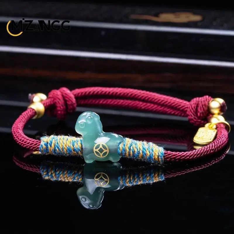 High-Quality Natural Jadeite Horse Motif Wealth String Bracelet, Unisex Daily Fashion Accessory with Auspicious Red String, Adult Gift with Included Gift Box, Costume Jewelry Bracelet