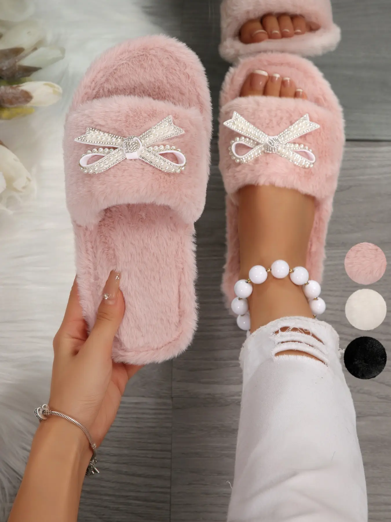 Women's Fluffy Furry Slide Slippers, Rhinestone Bow Decoration, Open‑Toe Design, Soft Comfortable Flat Slippers, Sweet Girl Style, Indoor House Slippers, Macaron Color Options, Indoor & Outdoor Use, Women's Fall Winter Footwear