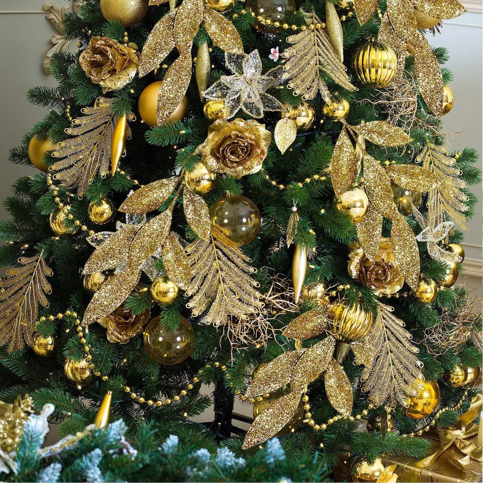 10 Inch /gold Sparkle Artificial Leaf Spray, Perfect for Christmas, Winter Wedding, Wreaths, Tree Decor, Holiday Table Centerpiece