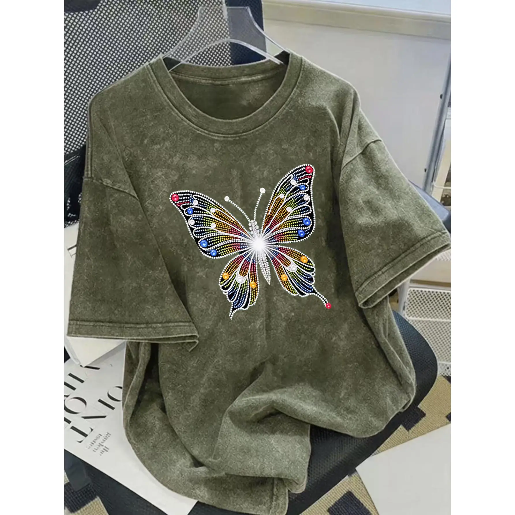 Women's Cotton Short-Sleeve Round/Crew Neck Large Retro Washed All-Over Cute Printed Rhinestone Butterfly Casual T-Shirt, American Street Style Summer Daily Top, Shortsleeve, Round Neck