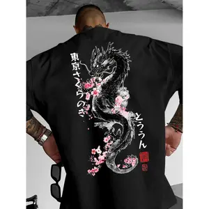 NEWMen'S Japanese Sakura and Dragon Print T-Shirt |   Black White Japanese Dragon and Cherry Blossom Back Print with Kanji Lettering, Casual Crew Neck Short Sleeve Tee for Japanese-Themed Outfits, Spring Summer Fit Top