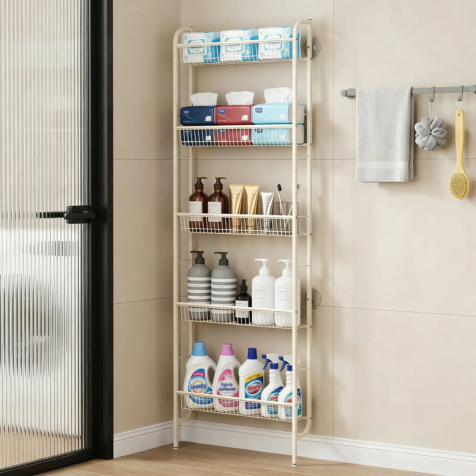Narrow Bathroom Storage Rack 5-Tier, Behind The Door Shelf for Small Spaces with Anti-Slip Base, Black Slim Tall Shelving Unit Freestanding Organizer for Bathroom Kitchen Laundry Room Pantry