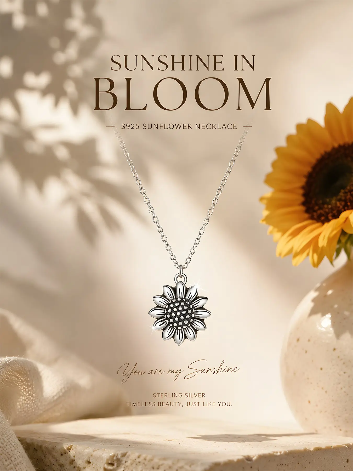 Women's S925 Sterling Silver Vintage Bohemian Sunflower Pendant Necklace, Hypoallergenic, Casual Fashion, Perfect Gift for Friends, Birthday, Valentine's Day, Dainty Boho Necklace