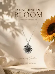 Women's S925 Sterling Silver Vintage Bohemian Sunflower Pendant Necklace, Hypoallergenic, Casual Fashion, Perfect Gift for Friends, Birthday, Valentine's Day, Dainty Boho Necklace