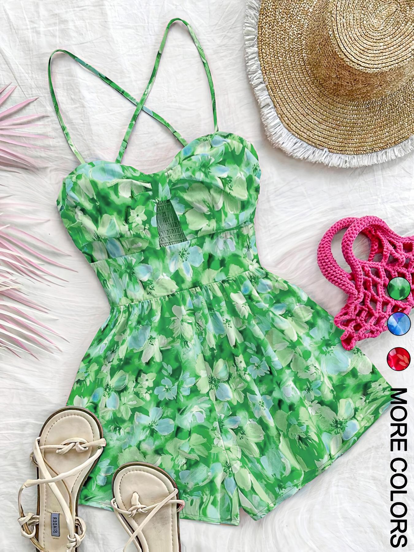 Women's Floral Print Cut Out Fitted Romper, Casual Sleeveless Romper for Summer, Fashion Women's Clothes for Beach Holiday Vacation