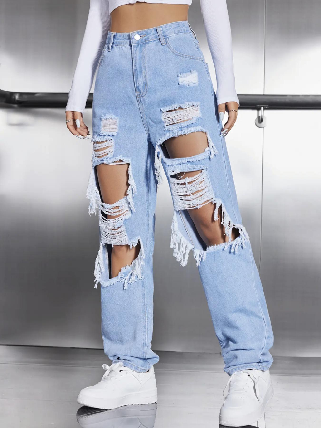 Women's High Waist Ripped Jeans, Fashion Casual Style Distressed Straight Leg Denim Pants, Destroyed Hole Jeans, Lady Bottoms for Daily Wear Streetwear