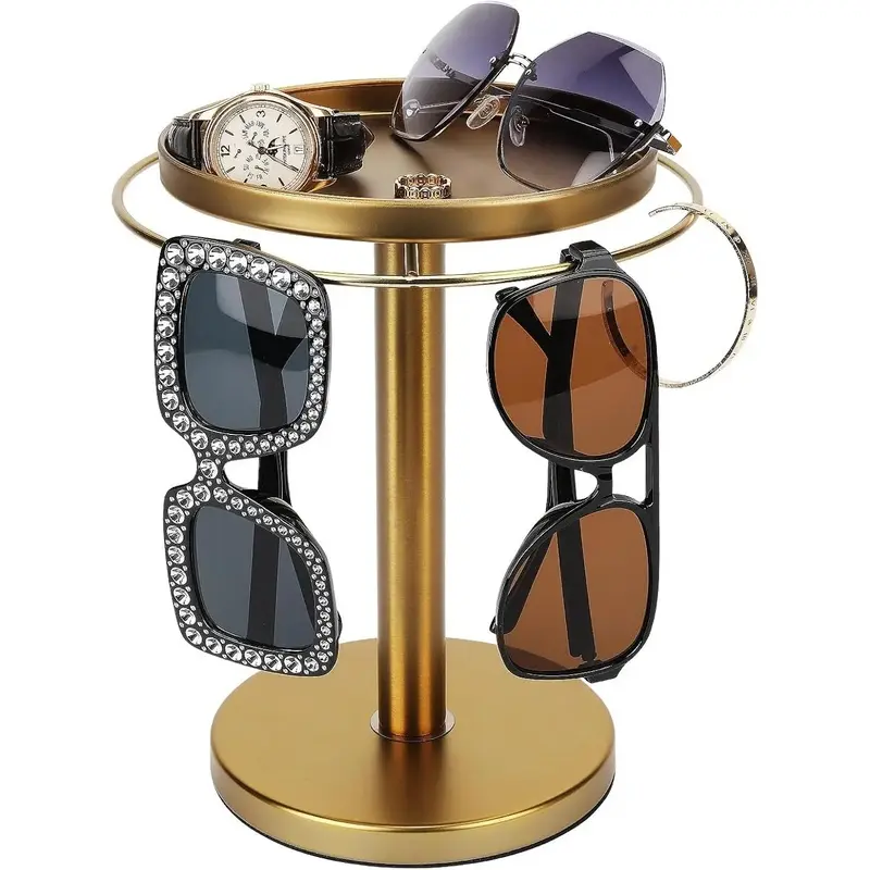 Durable Stainless Steel 360 °   Rotating Sunglasses Organiser Rack with Tray & Round Base, Home Supplies Glasses Storage for Office Desk, Dressing Table, Nightstand