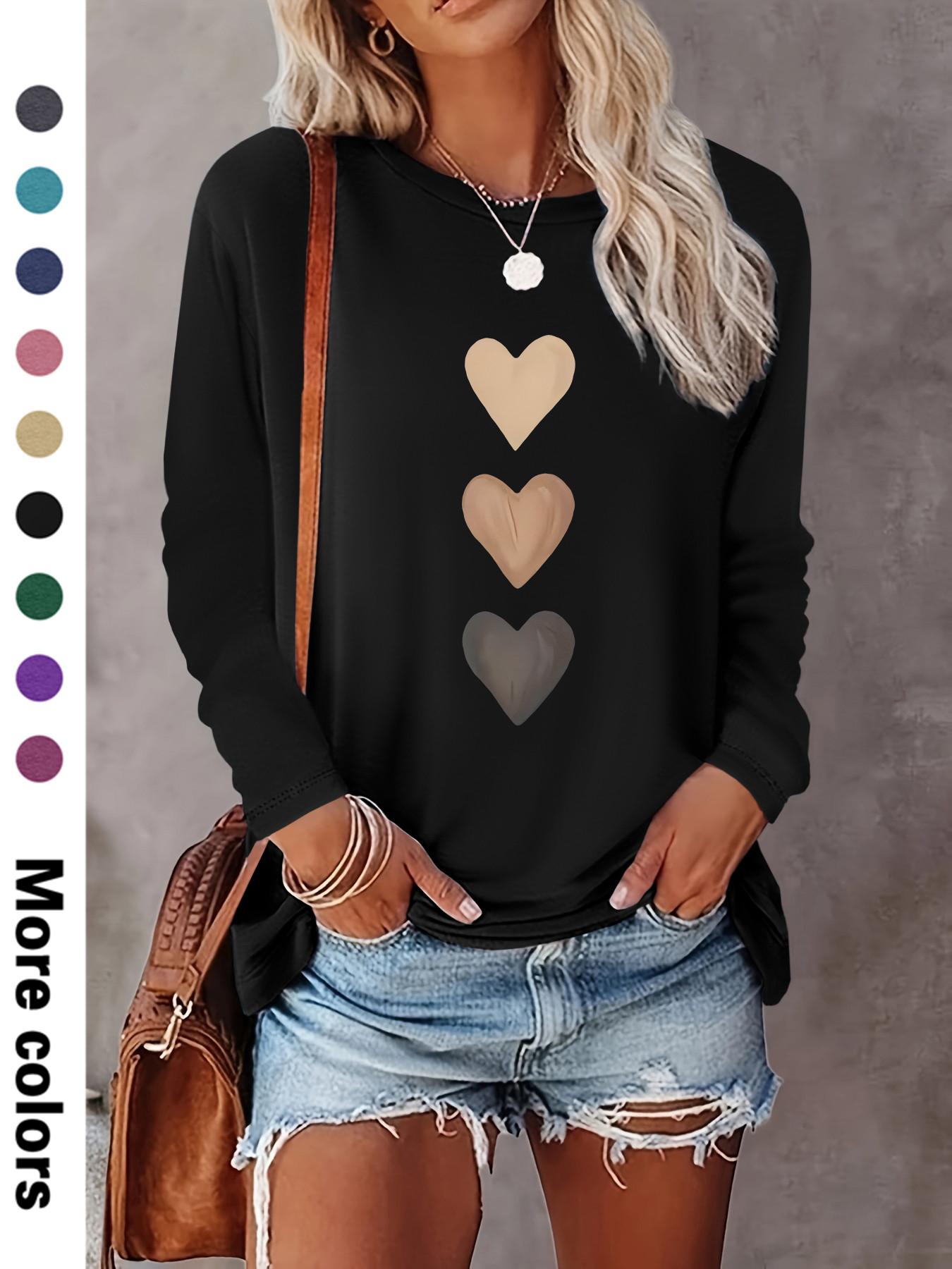 Women's Heart Print Round Neck T-shirt, Casual Long Sleeve Crew Neck T-shirt for Spring & Fall, Fashion Women's Top for Daily Wear