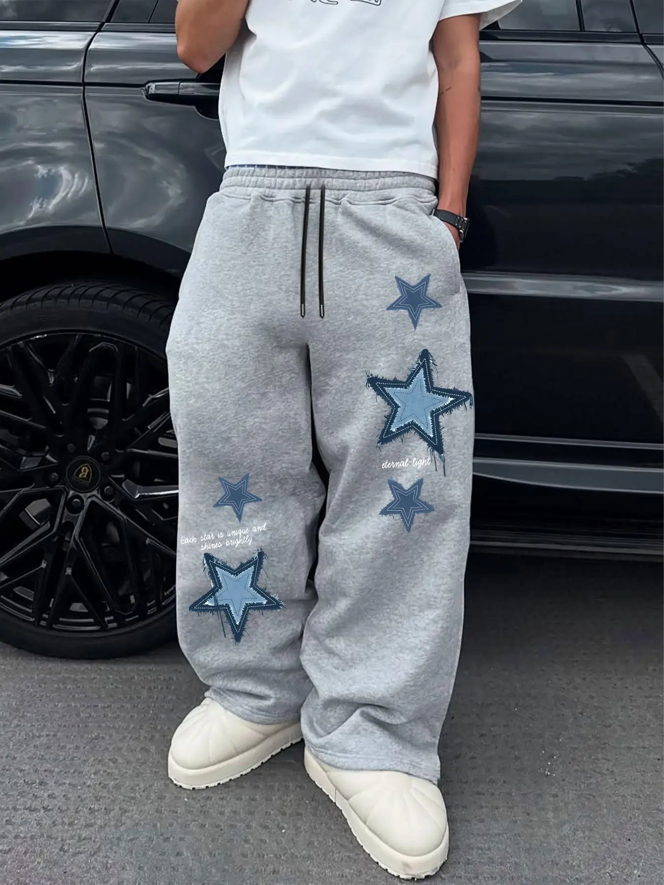 Men's Casual Long Baggy Loose Everyday Street Pants, Star Patchwork Print, Comfortable Daily Wear, Suitable for All Seasons, Sporty and Leisure Style