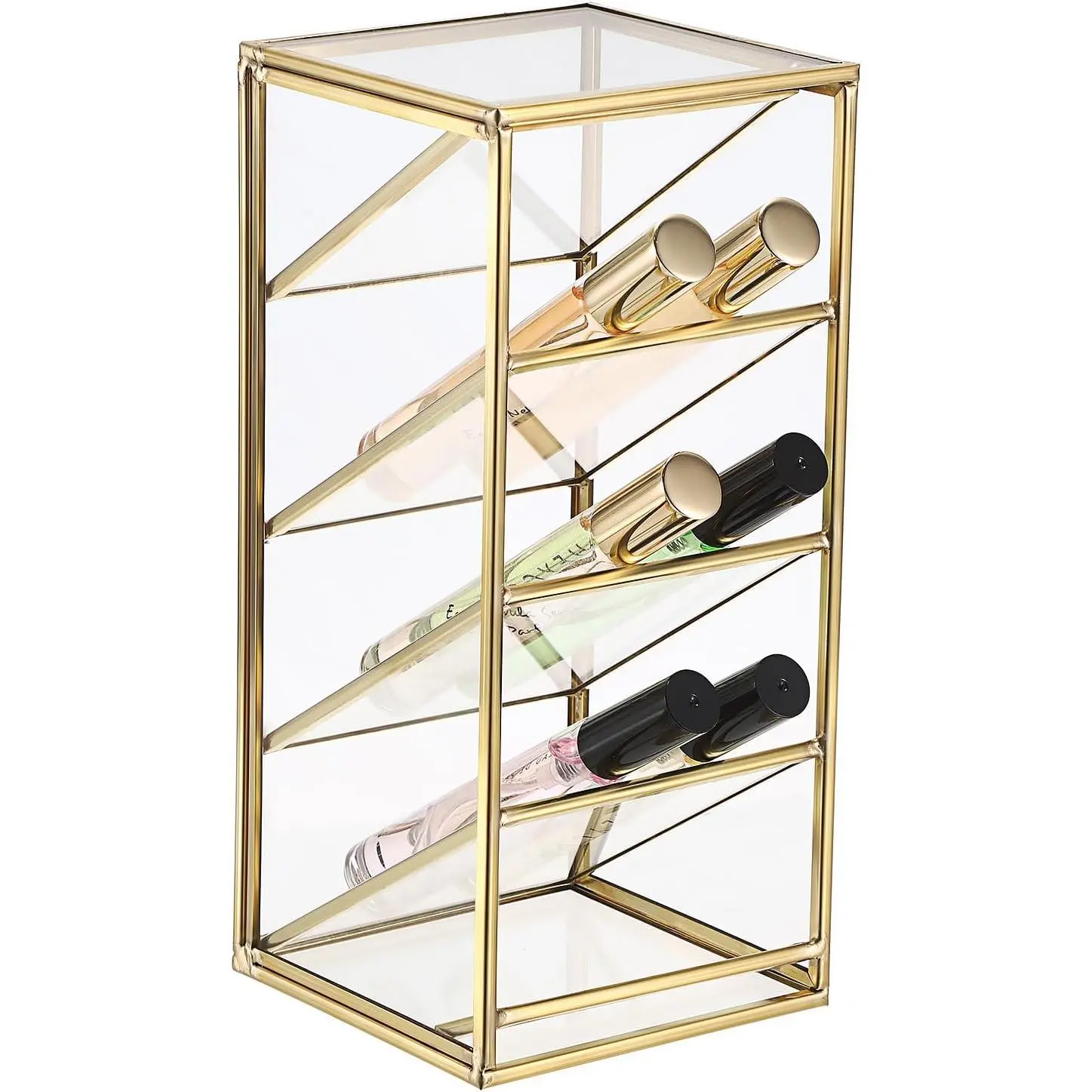 Rollerball Perfume Organizer, 4 Compartment Clear Glass Perfume Storage Holder Vintage Beauty Scent Holder, Metal Makeup Lipgloss Lipstick Display Case