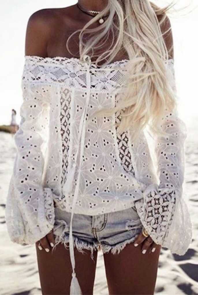 2025 Off-Shoulder Tassel Lace Patchwork One-Shoulder Bell Sleeve Lace Top Women's Fashion Shirts Womenswear Blouse Fitted