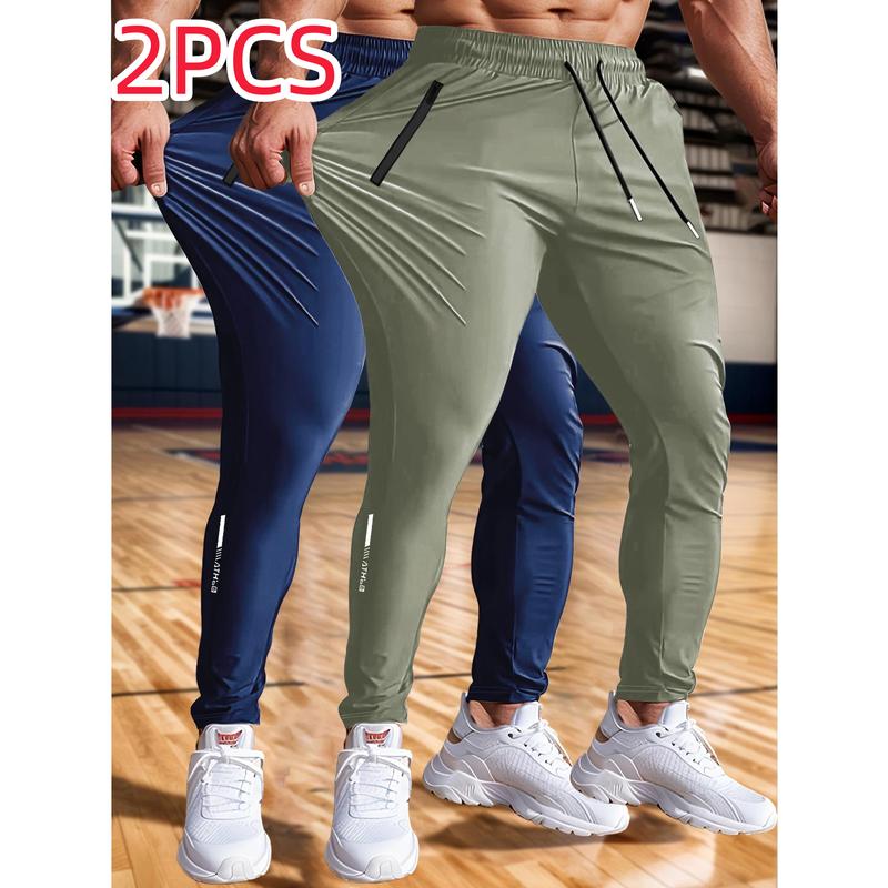 Men's 2-Piece Ice Silk Joggers - Athletic Fitted, Stretchy Elastic Waistband, Lightweight Moisture-Wicking, Fast-Drying, Embroidered, Fitted Cut, Zip Pockets, Breathable, Machine Washable for Running, Gym