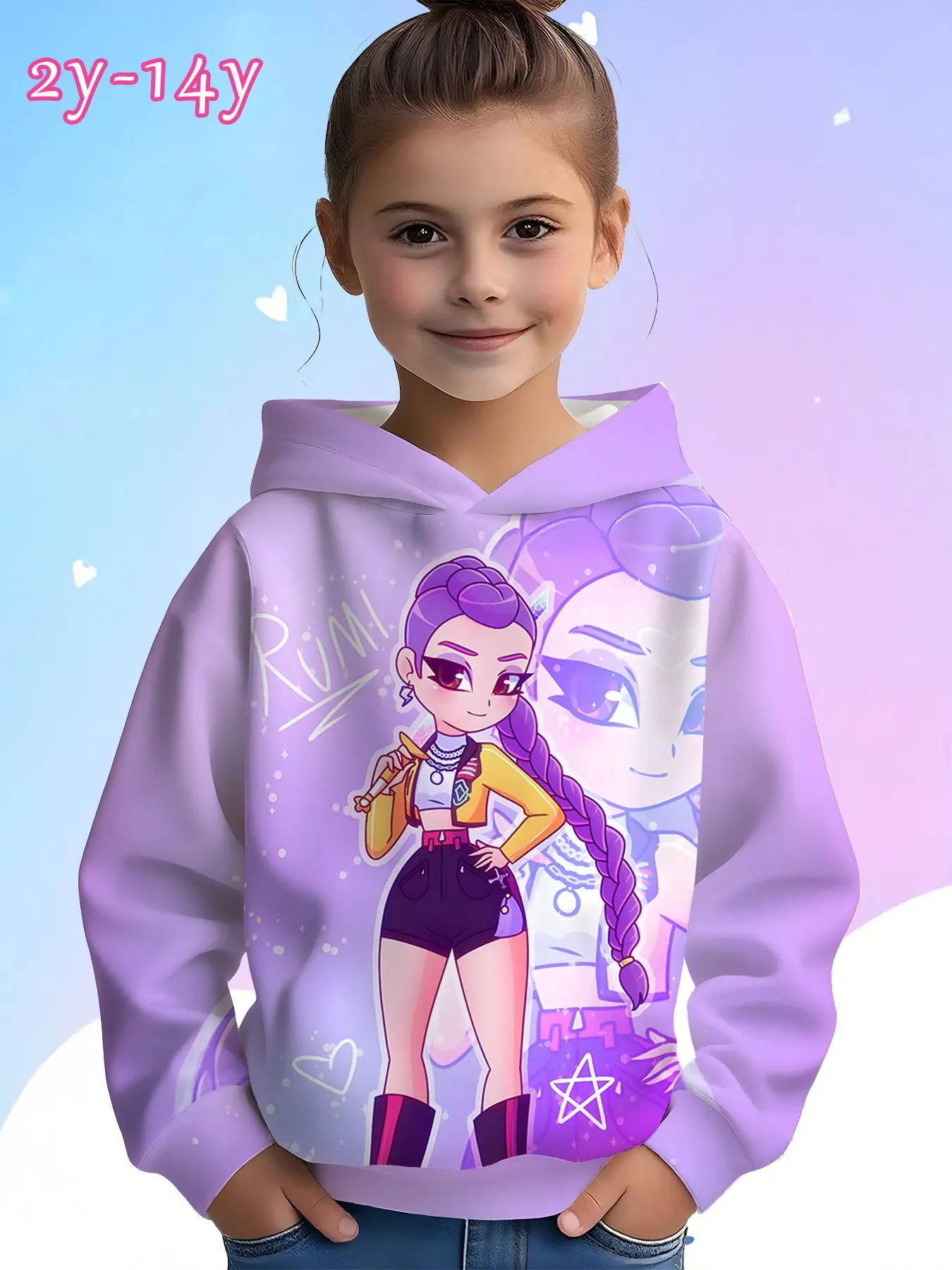 Q Version Rumi Hoodie for Girls, 3D Print Star Heart Background, Loose Fit Long Sleeve, Fall & Winter Casual Top, Ages 2-14