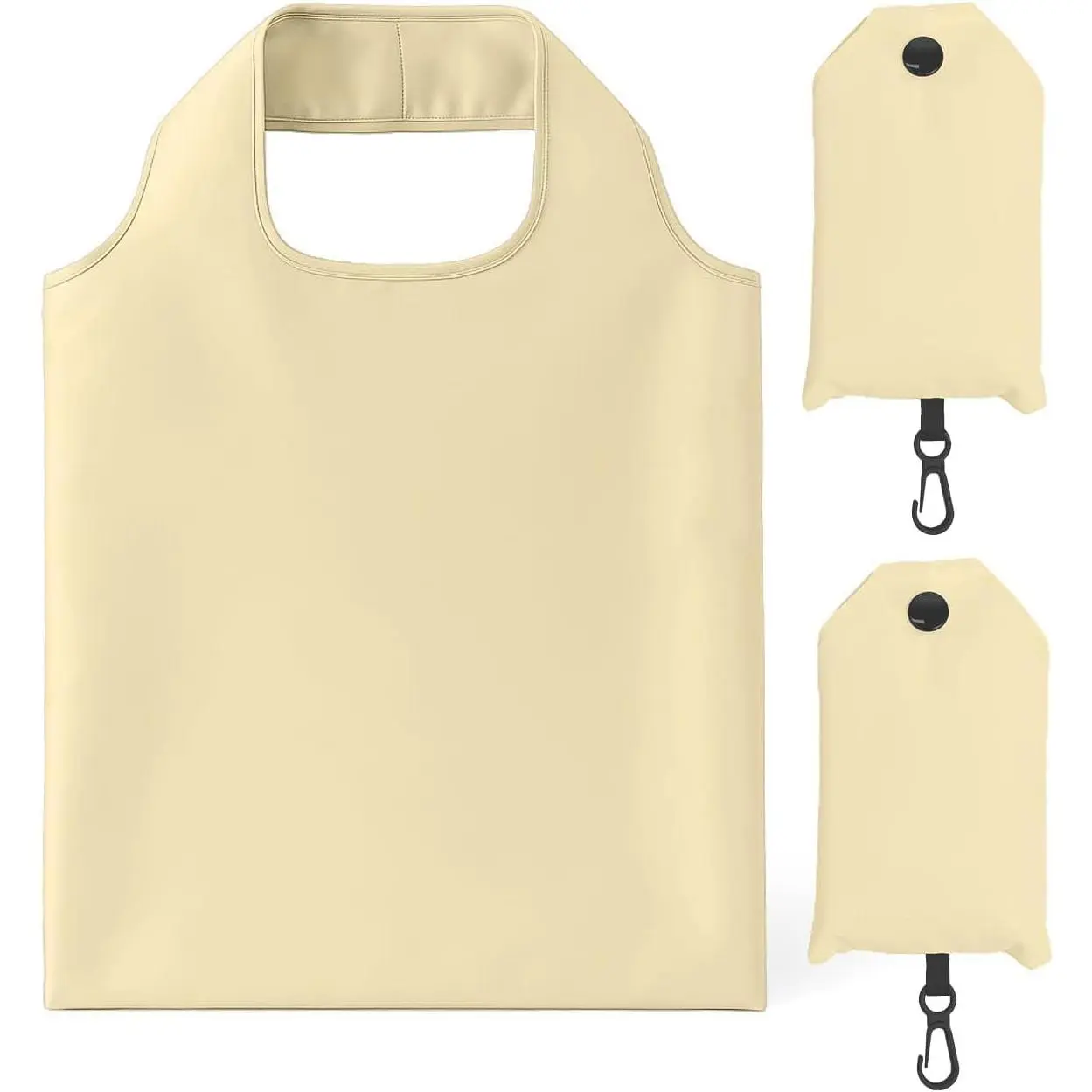 2 Pack Foldable Shopping Bag,  Grocery Tote Bag, Beige |  Nylon, 35 Pounds Weight Capacity, Pocket Size Carrier