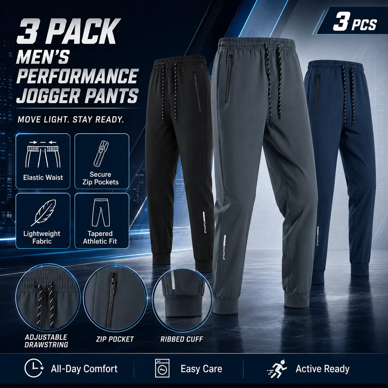 Men's Lightweight Athletic Jogger Pants, Casual Trousers with Elastic Drawstring Waist and Zipper Pockets, Comfortable Everyday Running Pants