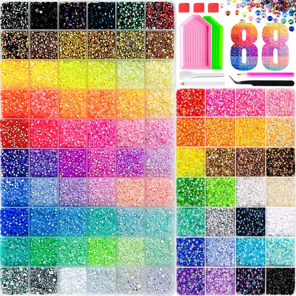 1Set of 88 Colors Hot Selling Shimmering Semi-circular Nail Rhinestones Charms 3mm Mini Flatback Resin Gems Nail Diamond Bedazzling Kit with Tools DIY Party Gift Nail Decorations