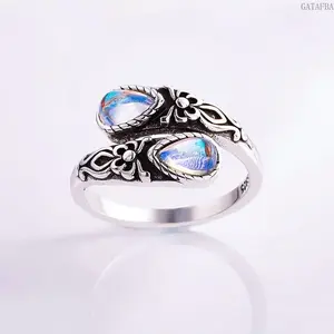 Vintage Metal Moonstone Spoon Ring with Embossed Bow, Unisex Bohemian Finger Jewelry with an Adjustable Opening