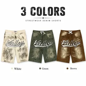 Vale Valley Forever SKITTLES Jorts Denim Shorts – Rhinestone Jean Shorts with Heavy Print, Zipper Detail and Distressed Patchwork, Unisex Loose Streetwear Hip Hop Summer Bottoms, TikTok Trendy Casual Outfit