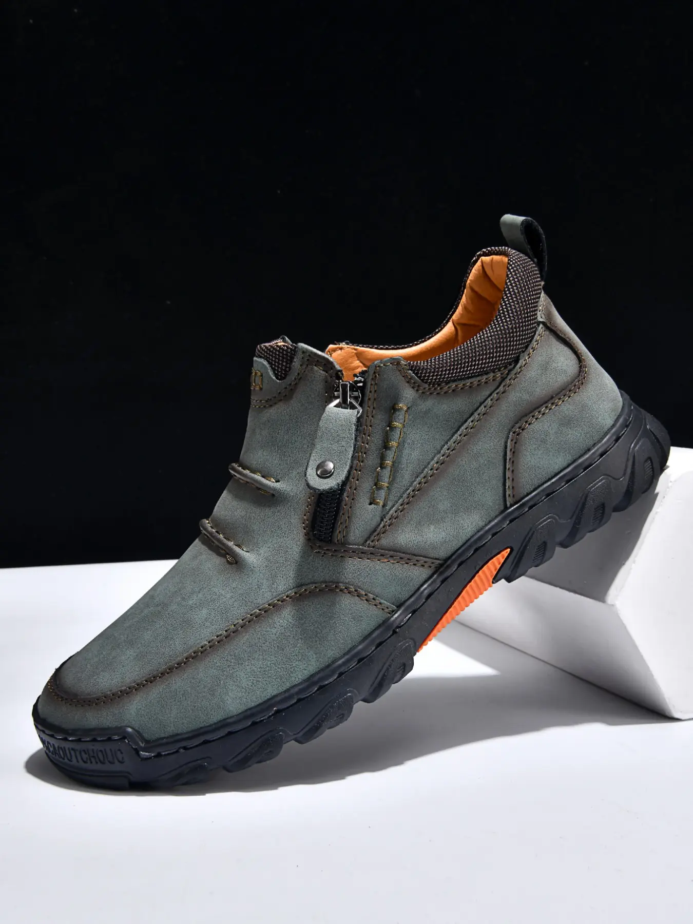 Men's Outdoor Workwear Casual Shoes, Leather Sneakers with Side Zipper, Rubber Sole, Comfortable Walking Shoes for Daily Use