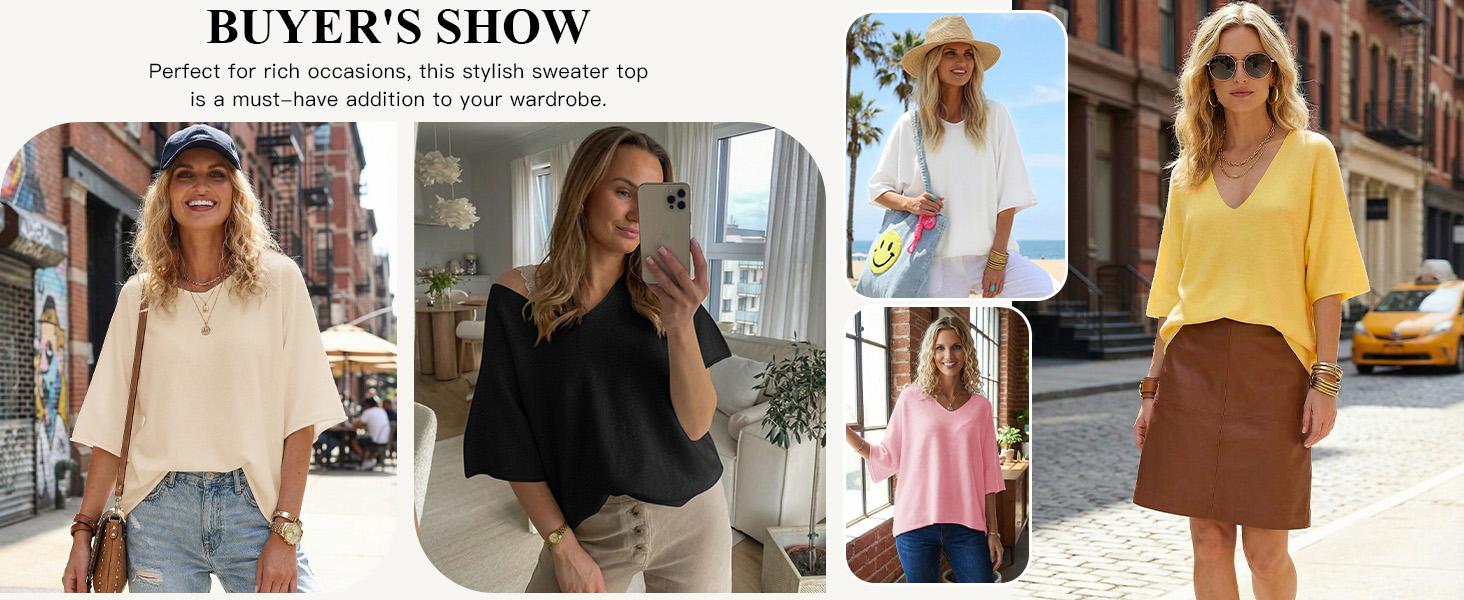 Saodimallsu Womens Oversized Summer Sweater Half Sleeve Batwing V Neck Dolman Sleeve Trendy Casual Knit Tops