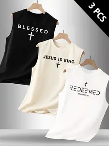 3 Pack Men Minimalist Christian Faith Sleeveless Tank Tops Blessed Jesus Is King Redeemed Cross Bible Verse Print Breathable Religious Casual Gym Training Streetwear Multipack Vests