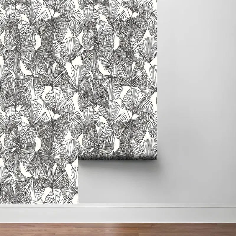 Line Art Ginkgo Leaf Peel and Stick Wallpaper, Removable Self Adhesive Contact Paper for Bedroom, Modern Minimalist Wall Decor Roll, Perfect Gift for Boho & Nature Lovers