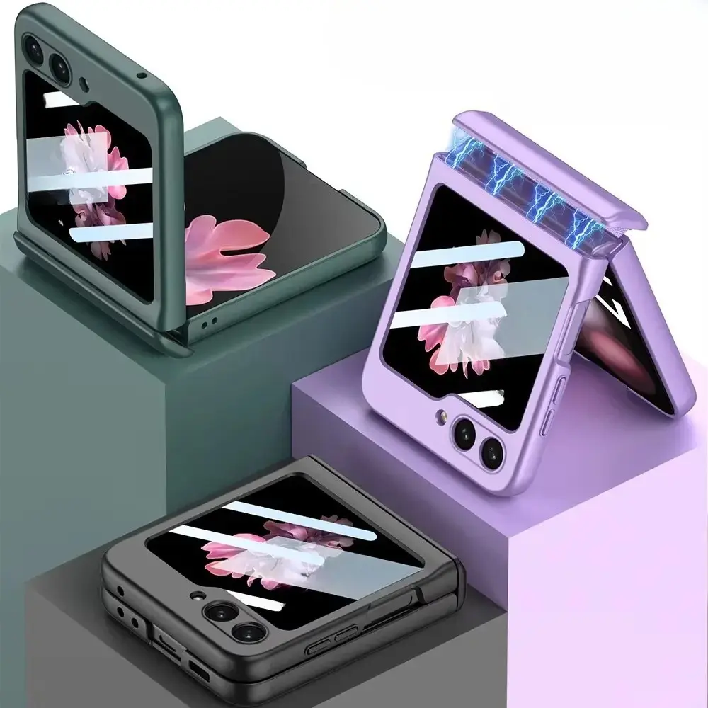Compatible with Z Flip 7, Z Flip 6, Z Flip 7 FE 5G, Matte Hard Magnetic Protective Case with Hinge Protection & Outer Screen Glass, Shockproof HNZ0176