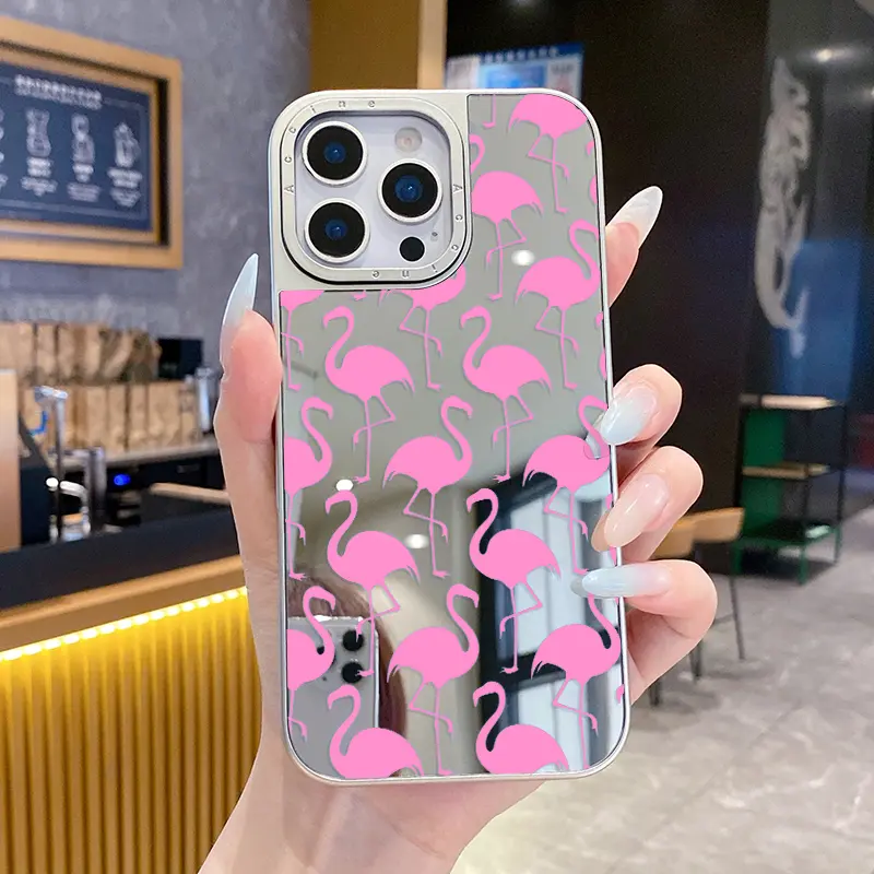 Luxury Electroplated 2-in-1 Mirror iPhone Case, Pink Flamingo Silhouette Anti-Drop Protective Case for iPhone 12 to iPhone 17 Pro Max