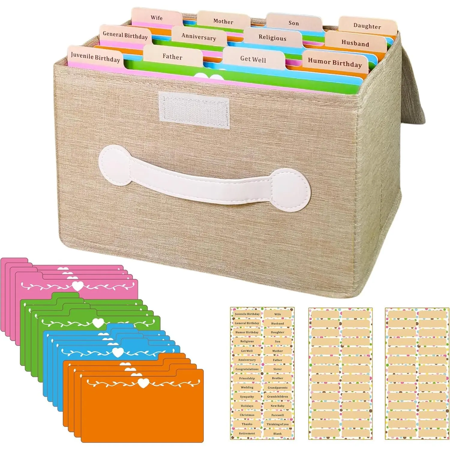 Greeting Card Organizer & Storage Box with 16 Pcs Adjustable Dividers, Storing 120+ Cards with 84 Pcs Labels (Khaki - 1 Pack)