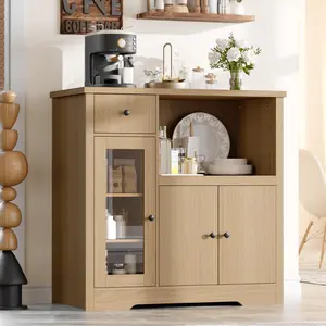 Modern Microwave Cabinet Sideboard – Glass Doors, Storage Drawers, Adjustable Shelf – Buffet for Dining or Living Room, Coffee Bar Organizer