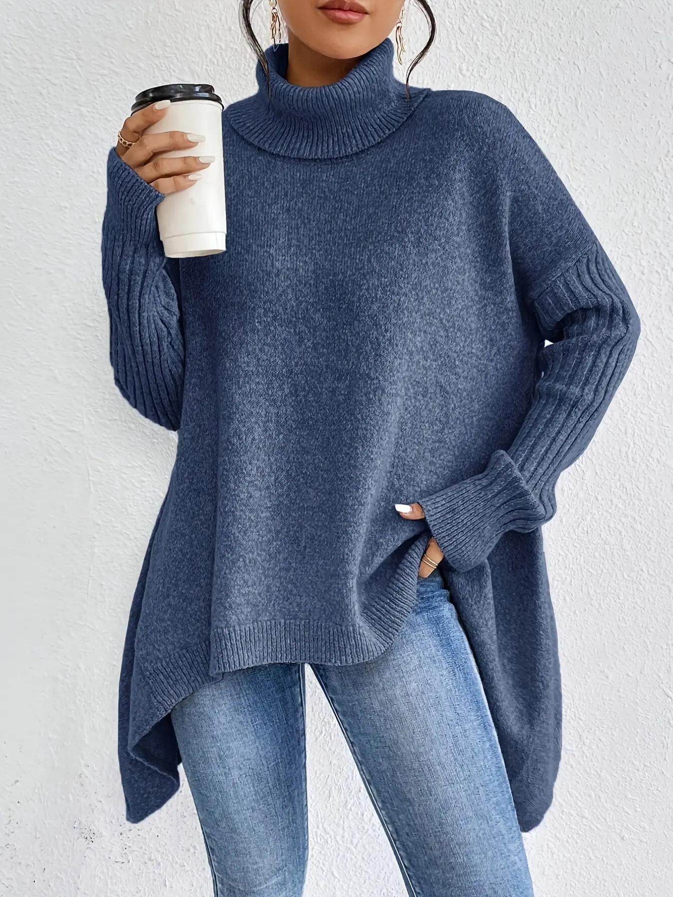 Women Oversized Turtleneck Knit Sweater Long Sleeve Drop Shoulder Ribbed Sleeve Asymmetric Handkerchief Hem Loose Longline Pullover Tunic Top for Casual Daily Wear Office Travel