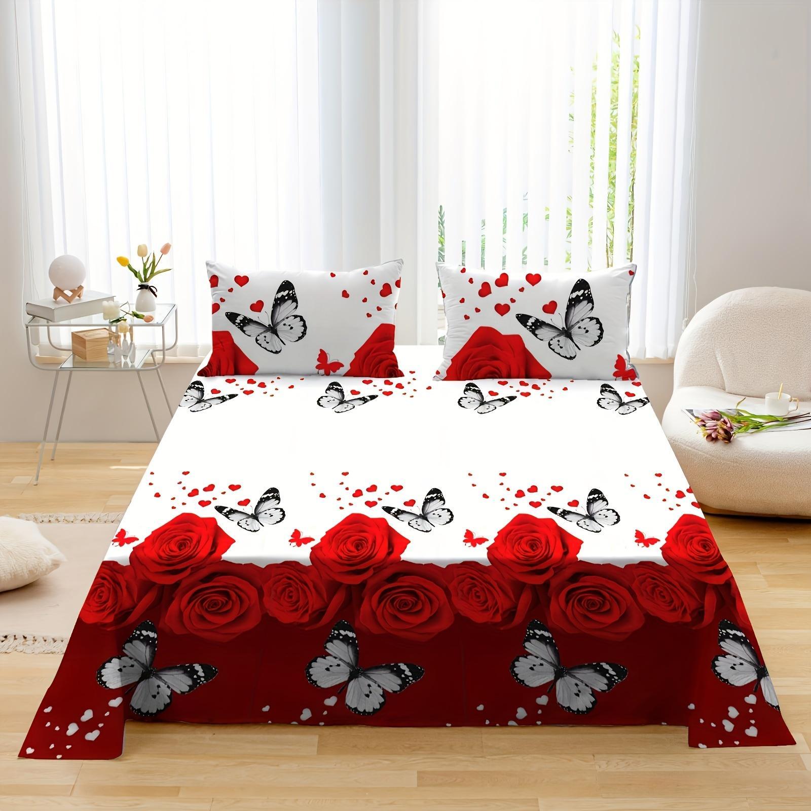 Rose & Butterfly Pattern Bedding Set, Including 1 Fitted Sheet & 1 Flat Sheet & 2 Pillowcases (No Pillow Inserts), Bedding Supplies for Home Bedroom Hotel