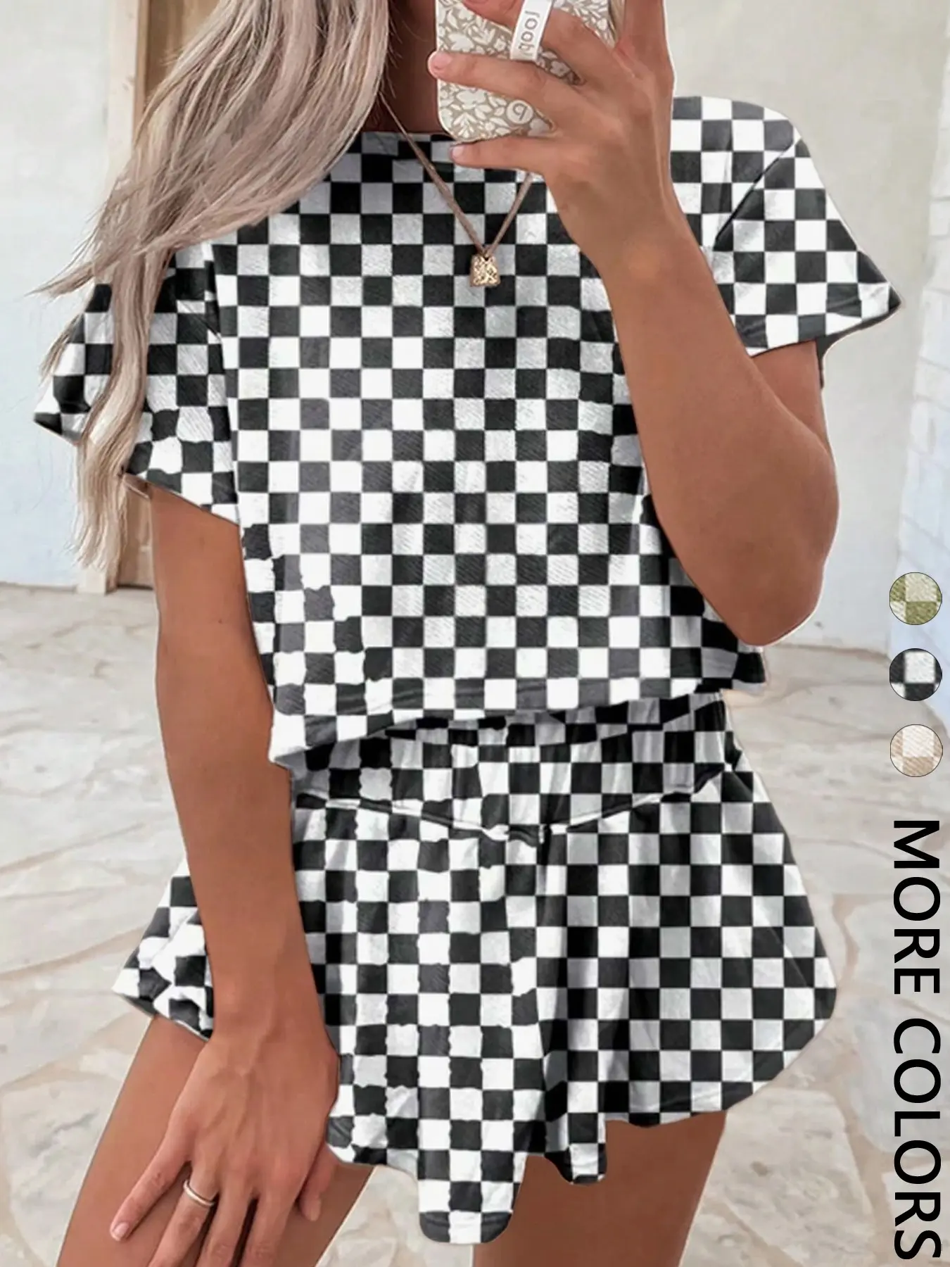 Checkered Print Casual Feminine Matching Outfit: Short Sleeve Crop Top & Ruffle Shorts for Women