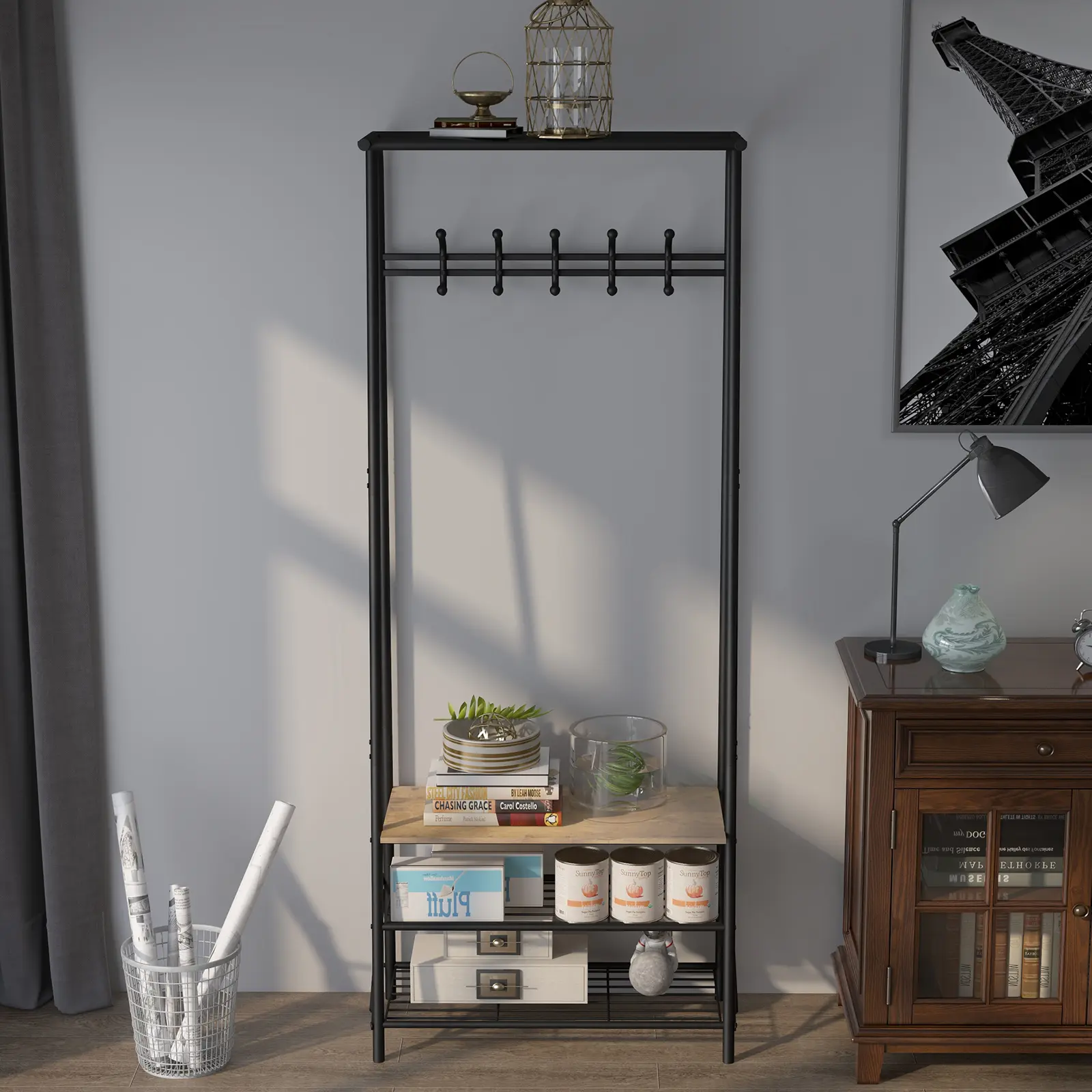 4-in-1 Hall Tree Coat Rack with Shoe Bench, 5 Hooks Steel Frame Entryway Organizer for Living Room Bedroom