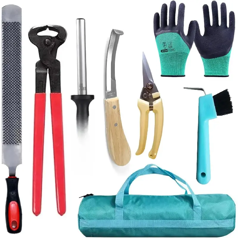 8 count Farrier Tool Kit, 14 Inch Horse Hoof Trimming Tools Include Hoof , Hoof Nippers, Hoof Rasp, Hoof Pick, Hoof  SharpenerGloves and Bag